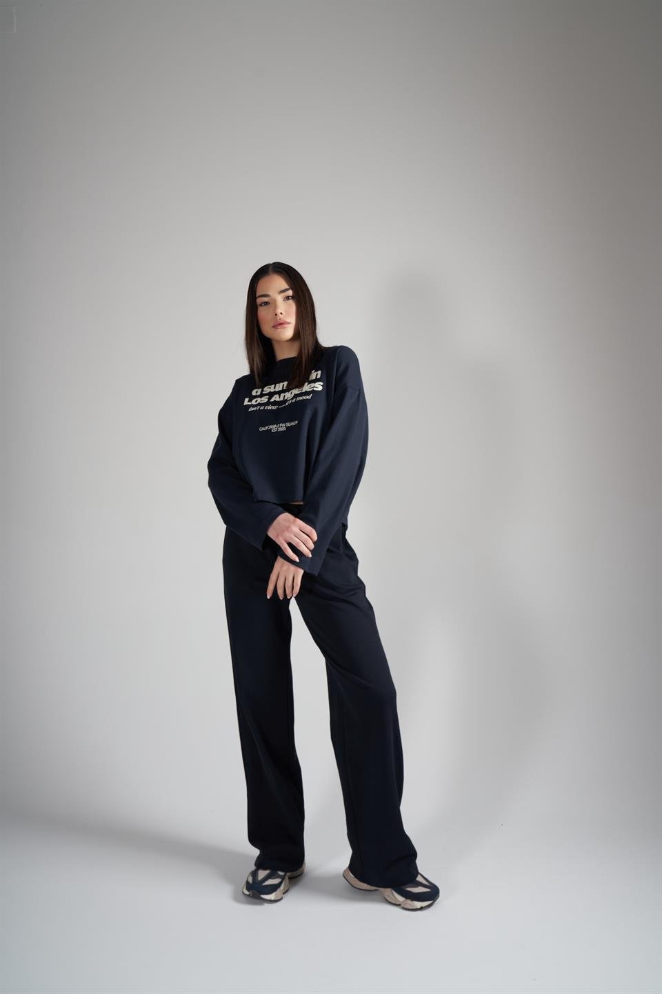 Bol Paça İnterlok Kumaş Pantolon Koyu Lacivert