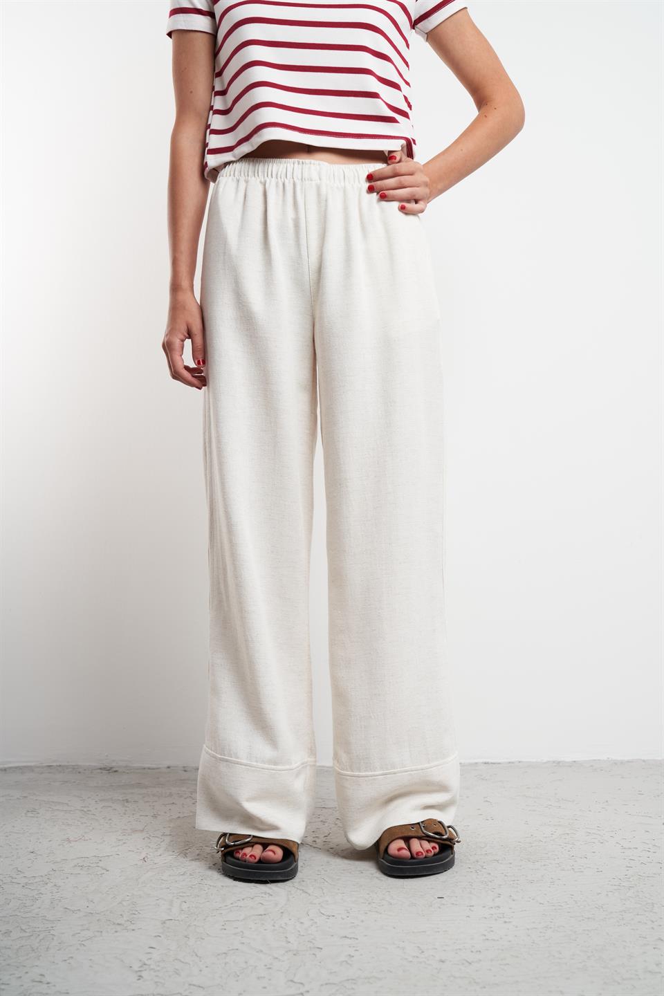 Bol Paça Keten Pantolon Ekru