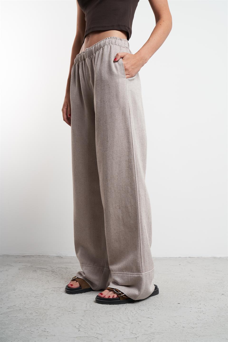 Bol Paça Keten Pantolon Kahve