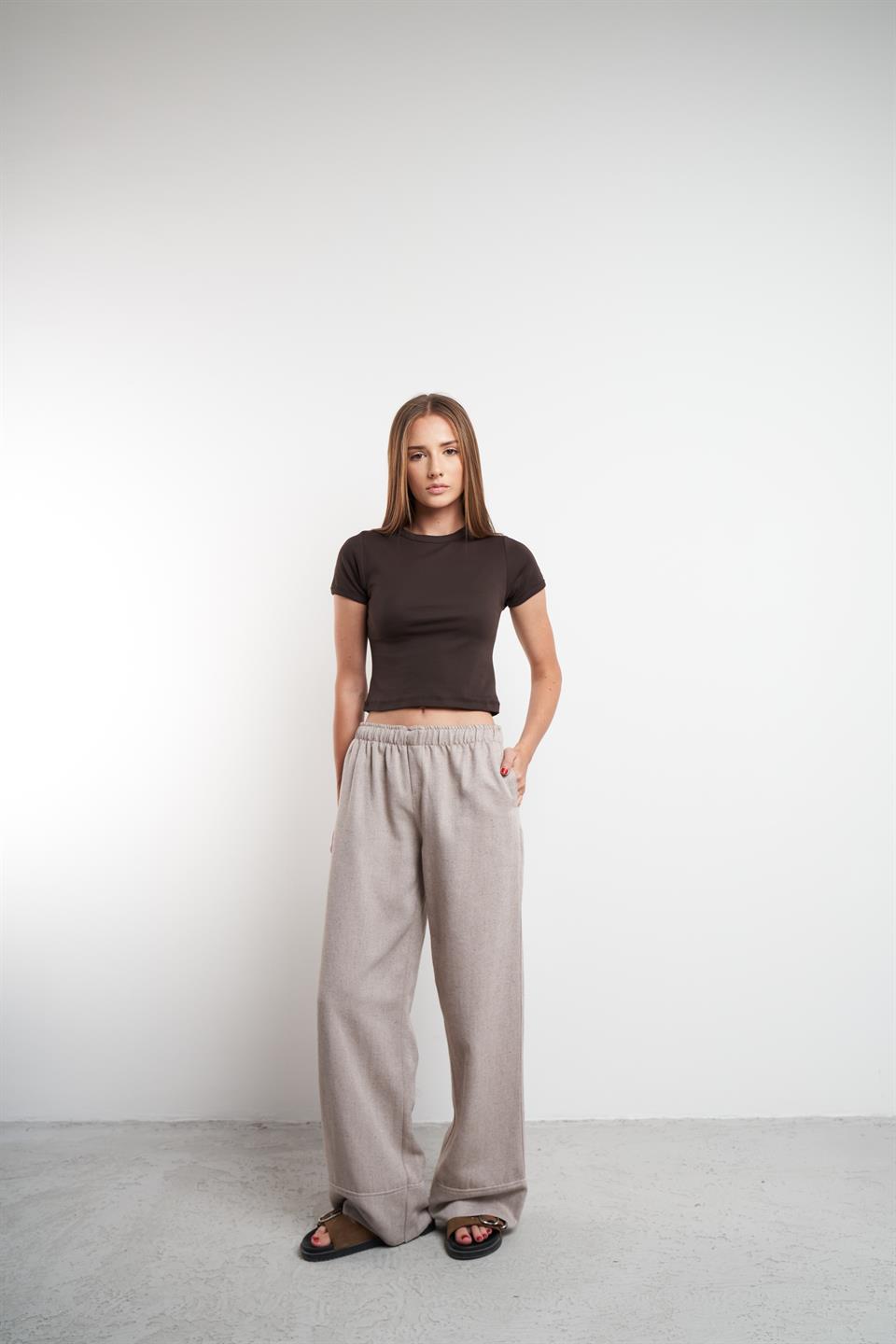 Bol Paça Keten Pantolon Kahve