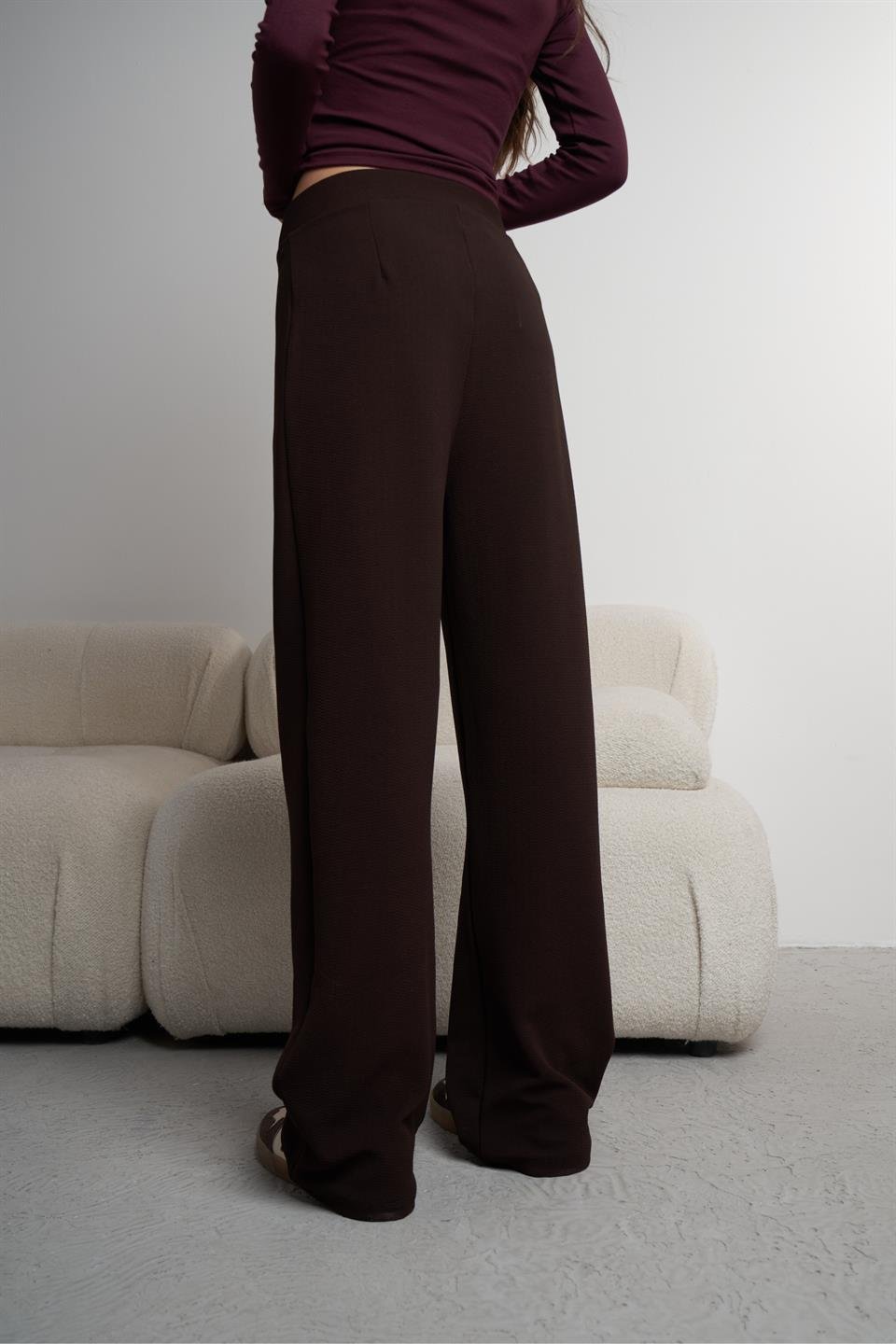 Bol Paça Krep Kumaş Pantolon Kahve