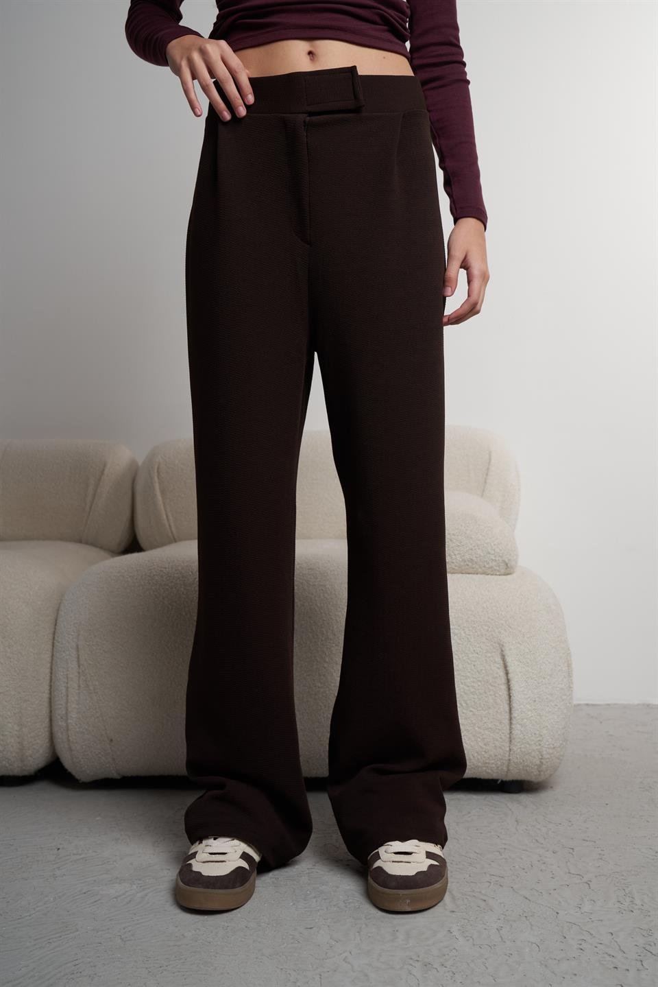 Bol Paça Krep Kumaş Pantolon Kahve