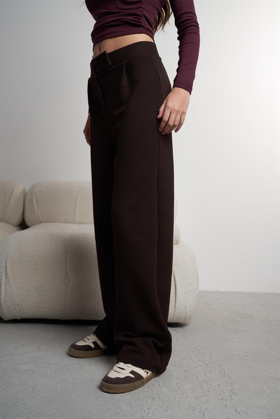 Bol Paça Krep Kumaş Pantolon Kahve