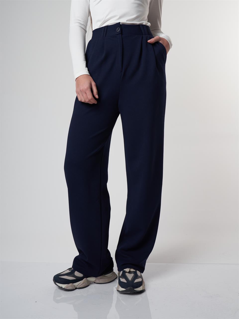 Bol Paça Krep Kumaş Pantolon Lacivert