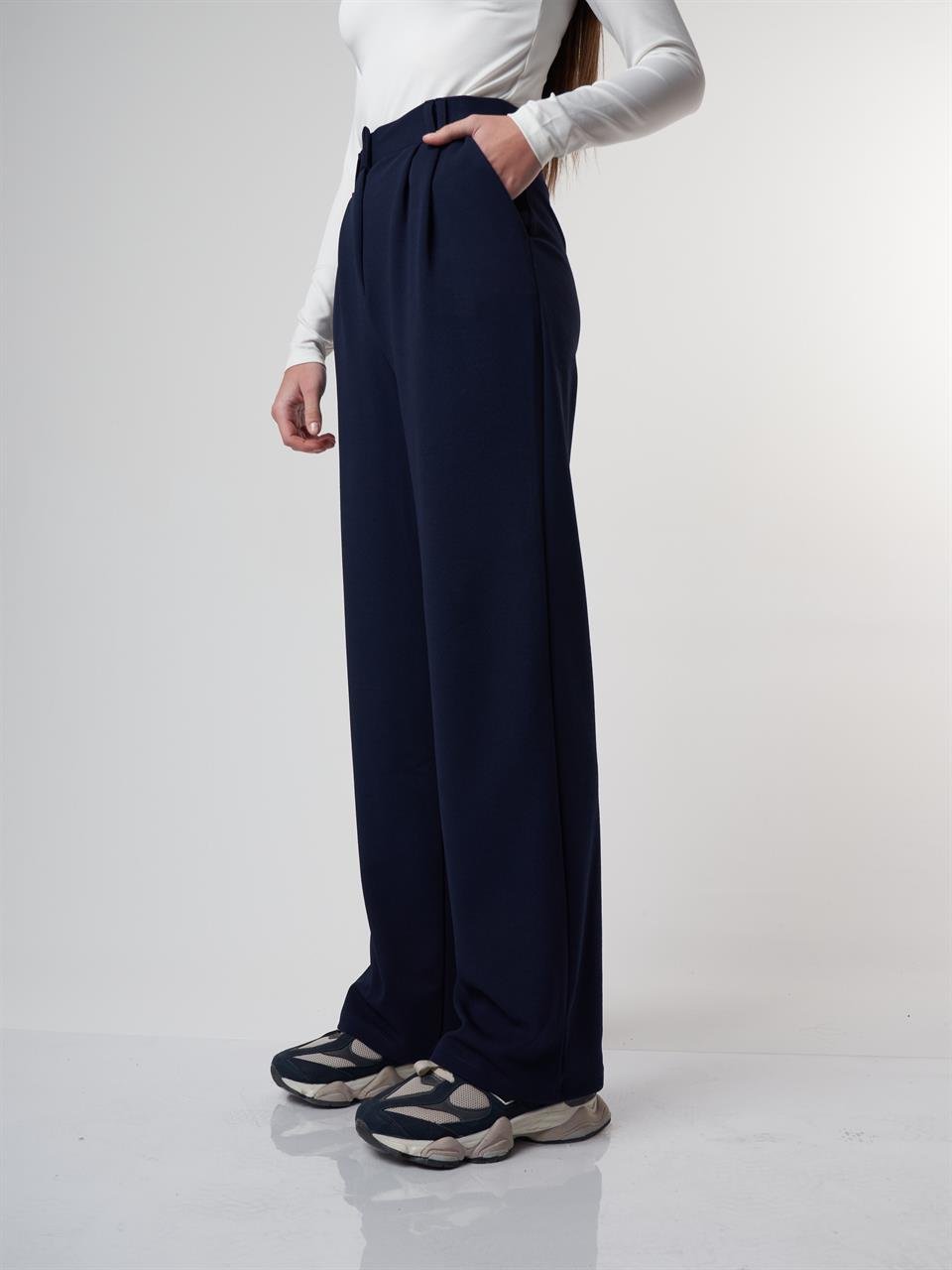 Bol Paça Krep Kumaş Pantolon Lacivert