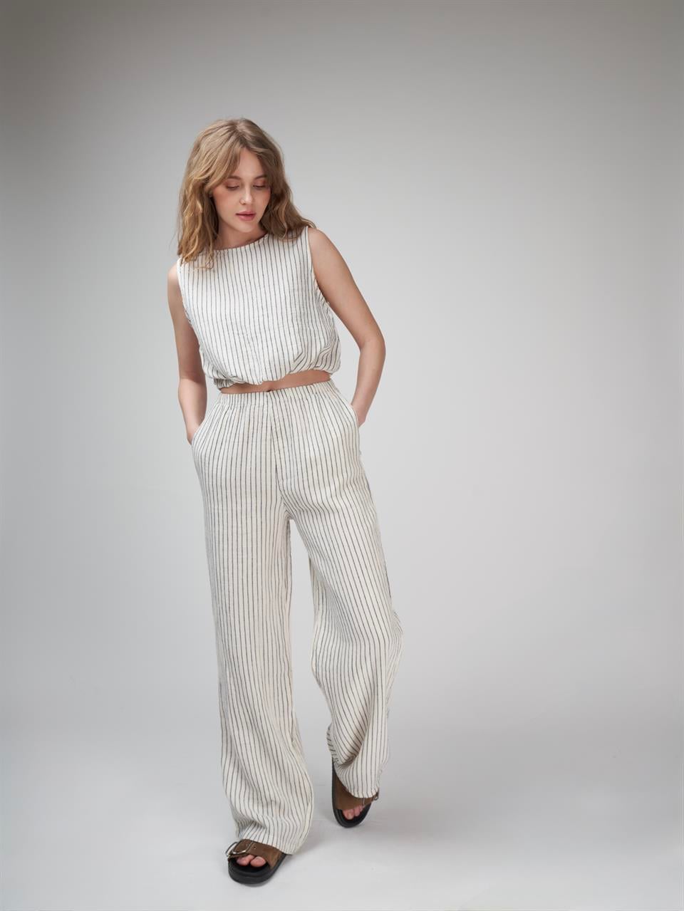 Bol Paça Müslin Pantolon Ekru-Lacivert