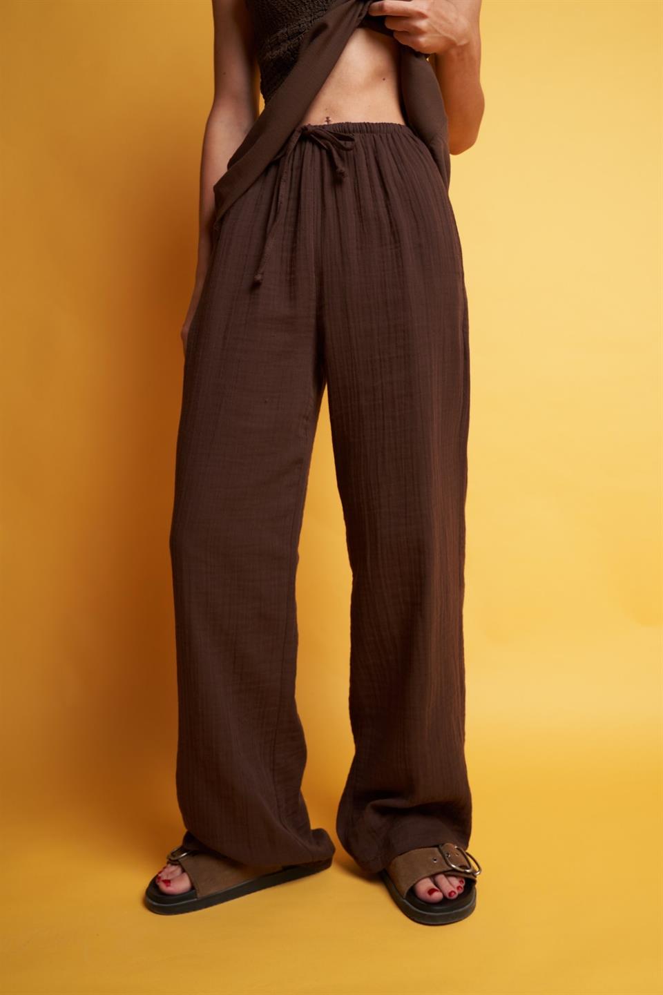 Bol Paça Müslin Pantolon Kahve