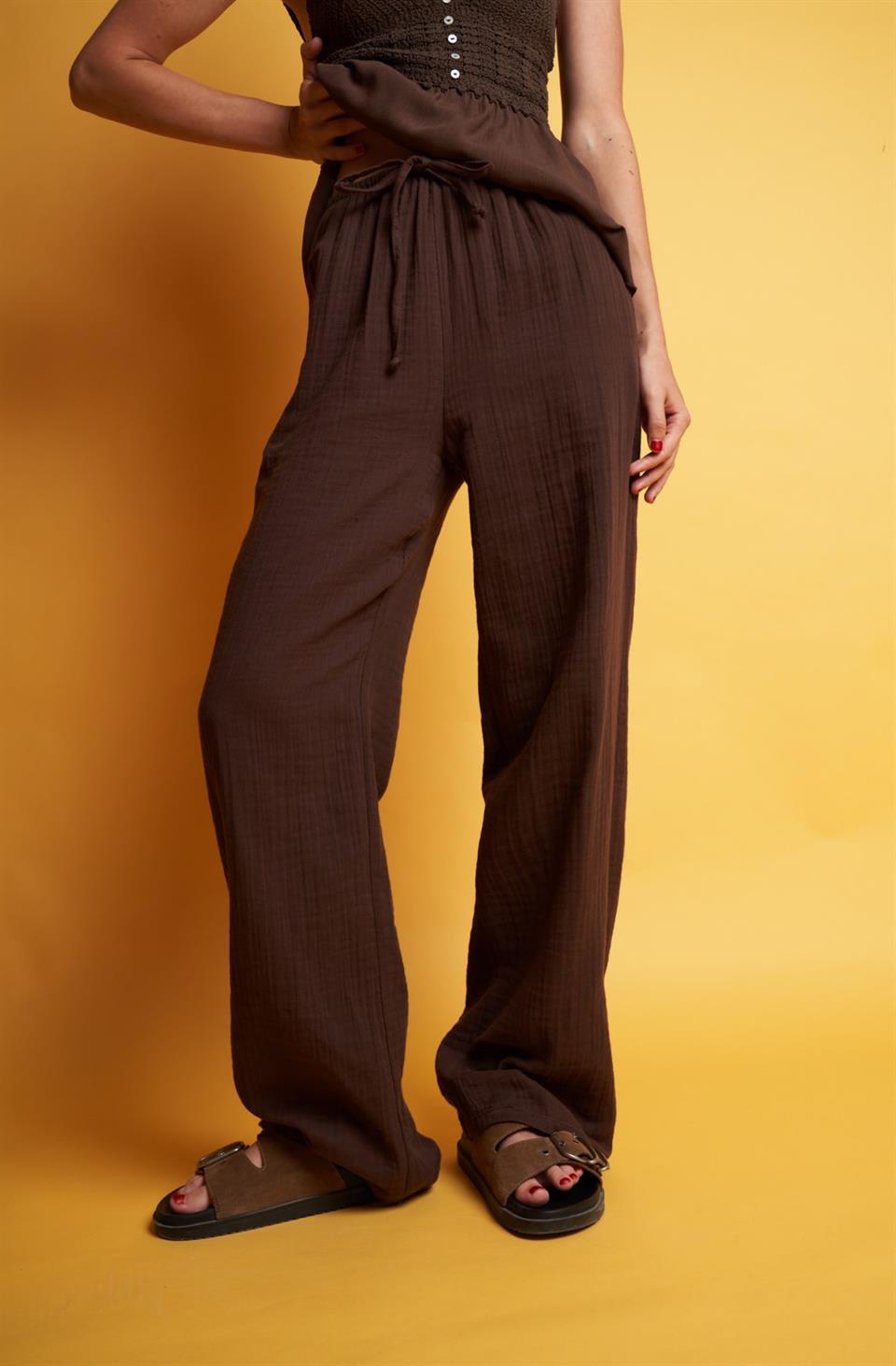 Bol Paça Müslin Pantolon Kahve