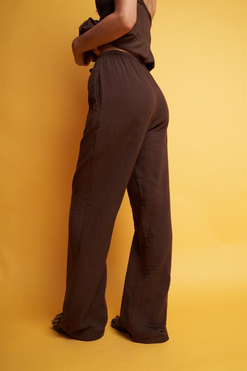 Bol Paça Müslin Pantolon Kahve