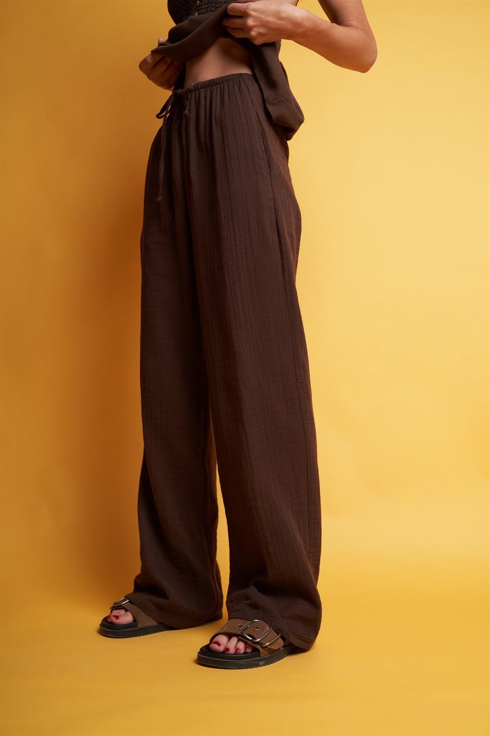 Bol Paça Müslin Pantolon Kahve