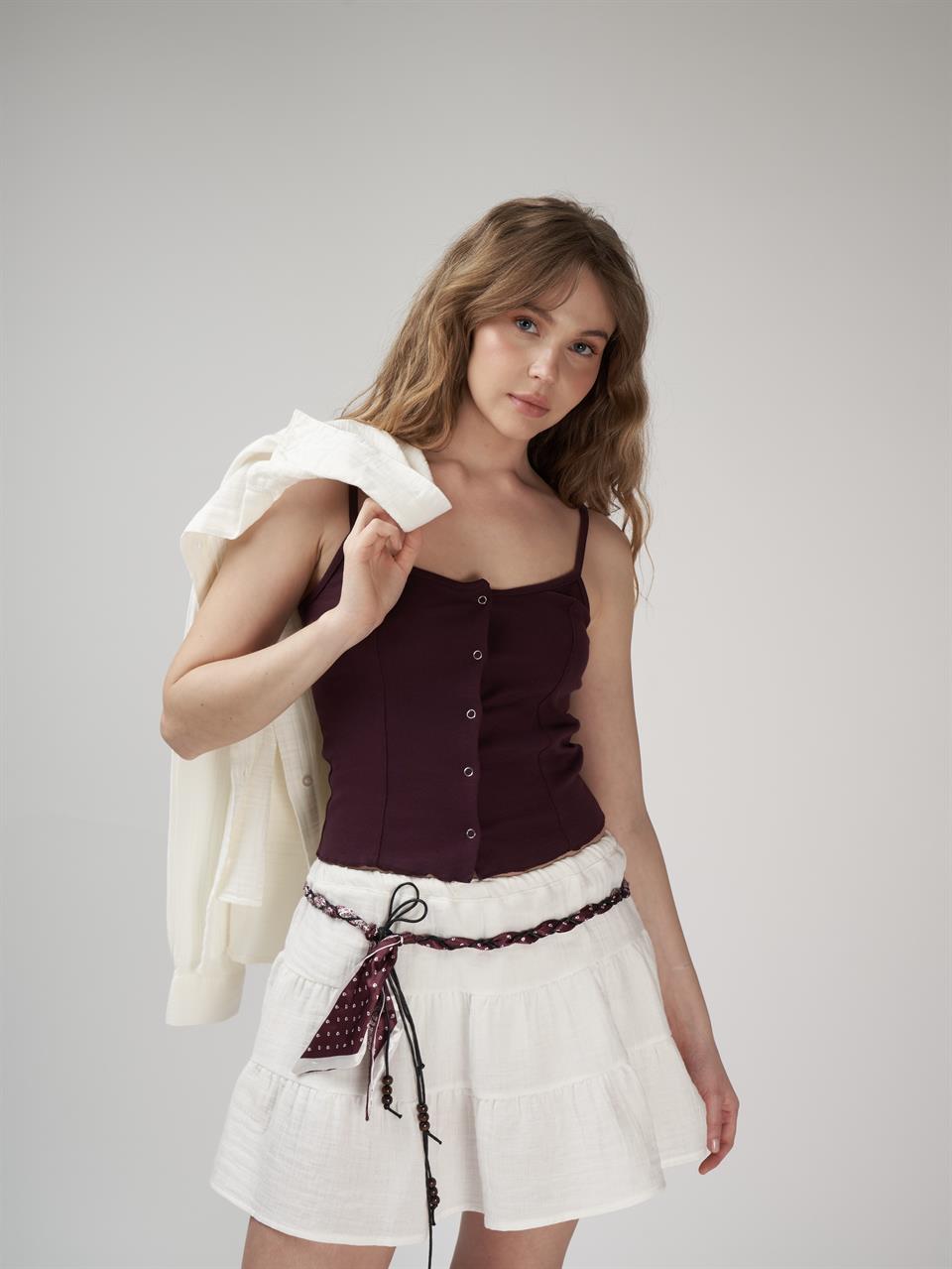 Bölmeli Müslin Şort Etek Ekru