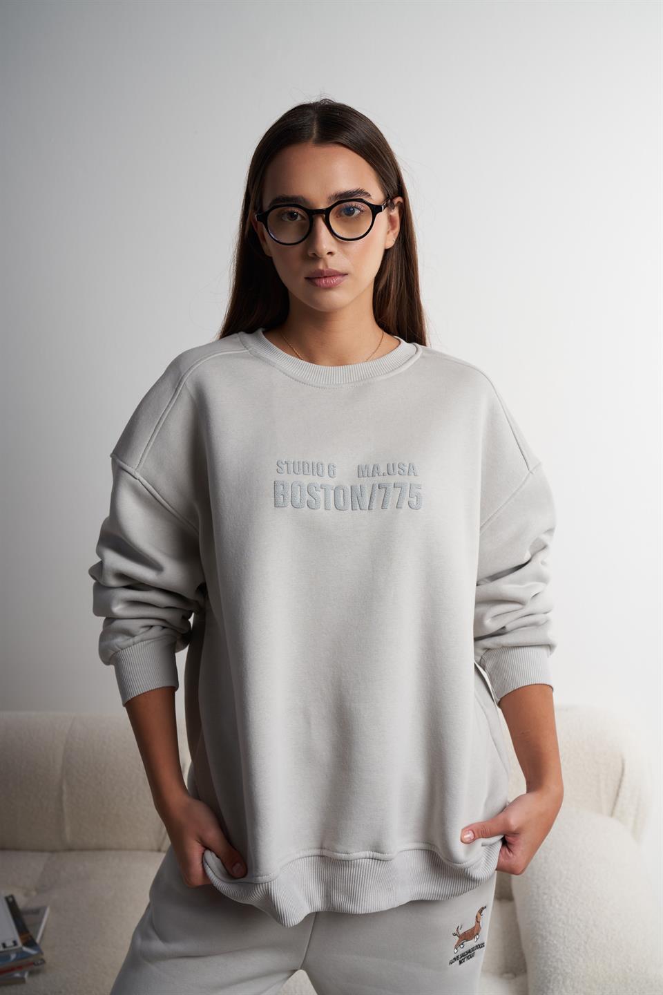 Boston/775 Baskılı Şardonlu Sweatshirt Açık Gri