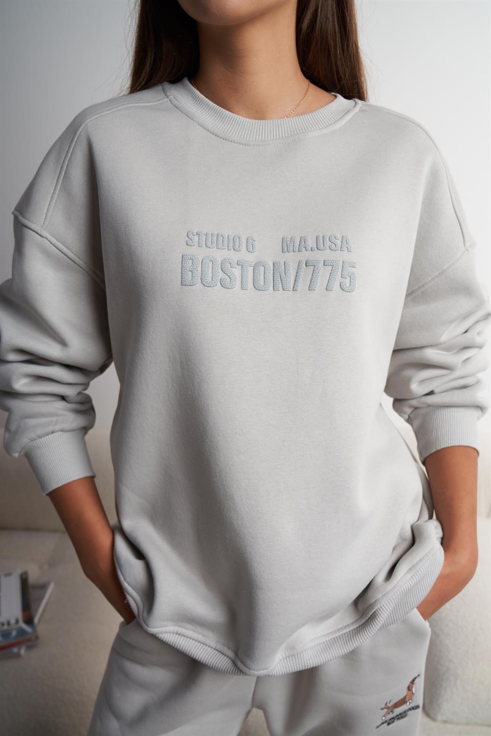 Boston/775 Baskılı Şardonlu Sweatshirt Açık Gri