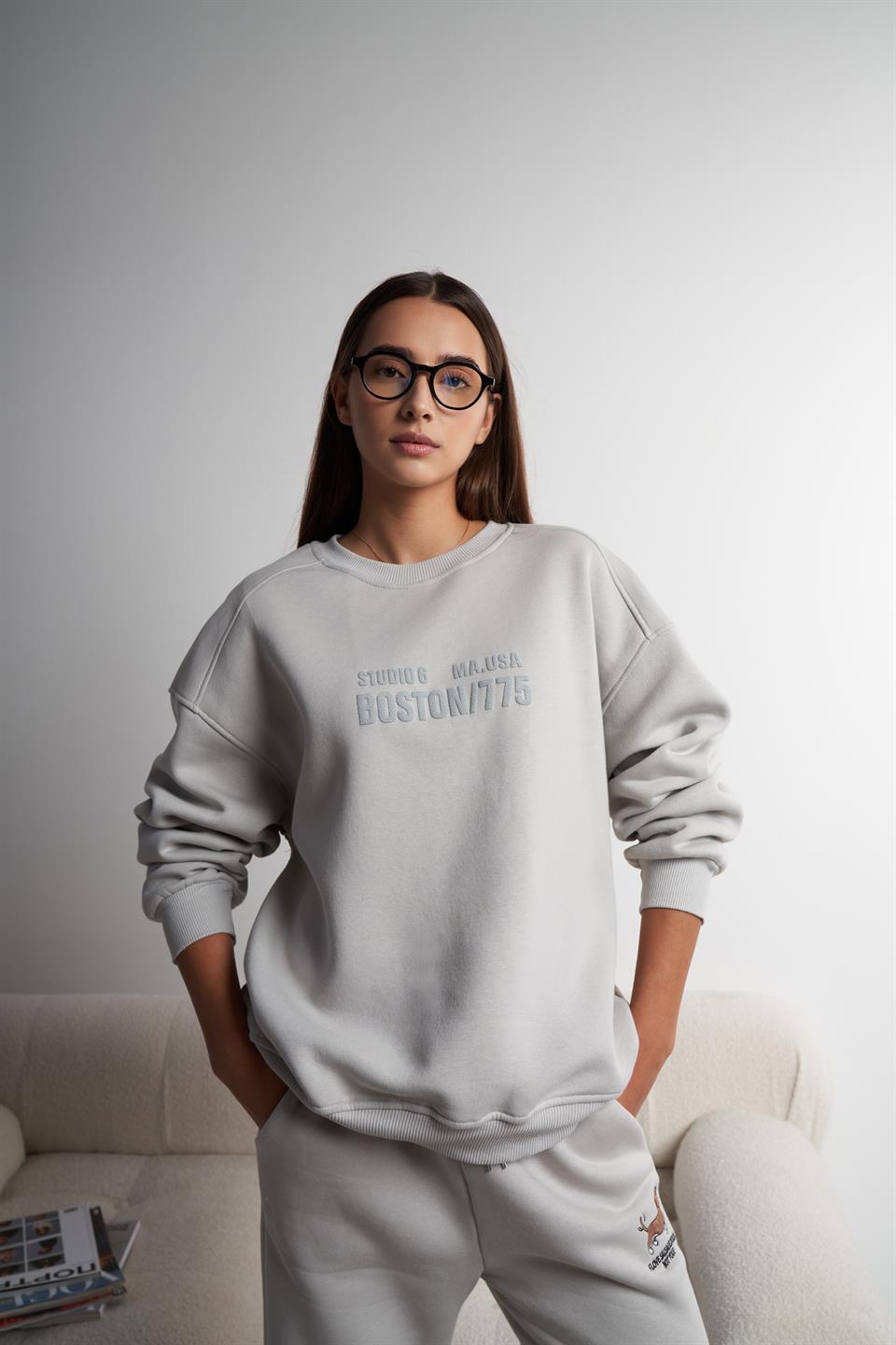 Boston/775 Baskılı Şardonlu Sweatshirt Açık Gri