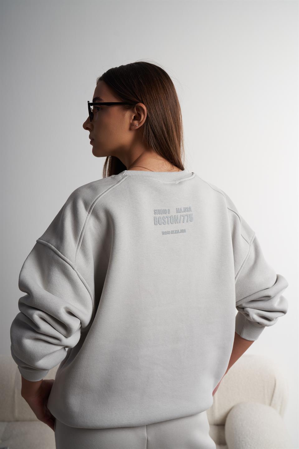 Boston/775 Baskılı Şardonlu Sweatshirt Açık Gri