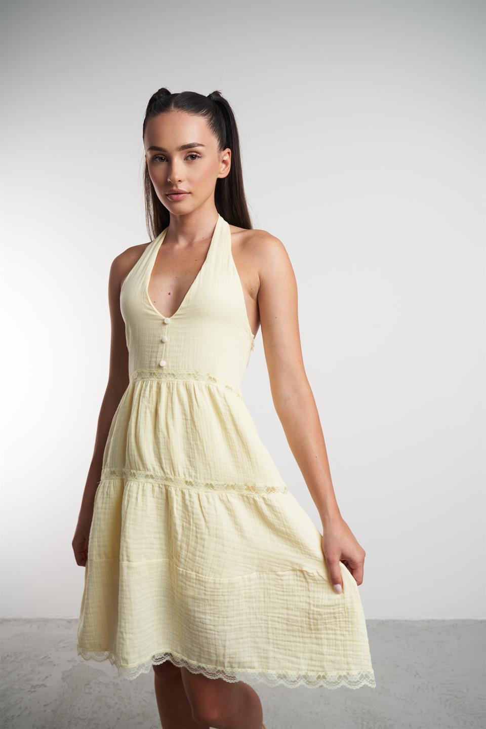 Boyun Askılı Elbise Sarı