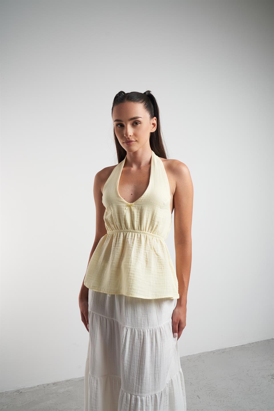 Boyun Askılı Müslin Sıfır Kol Bluz Sarı