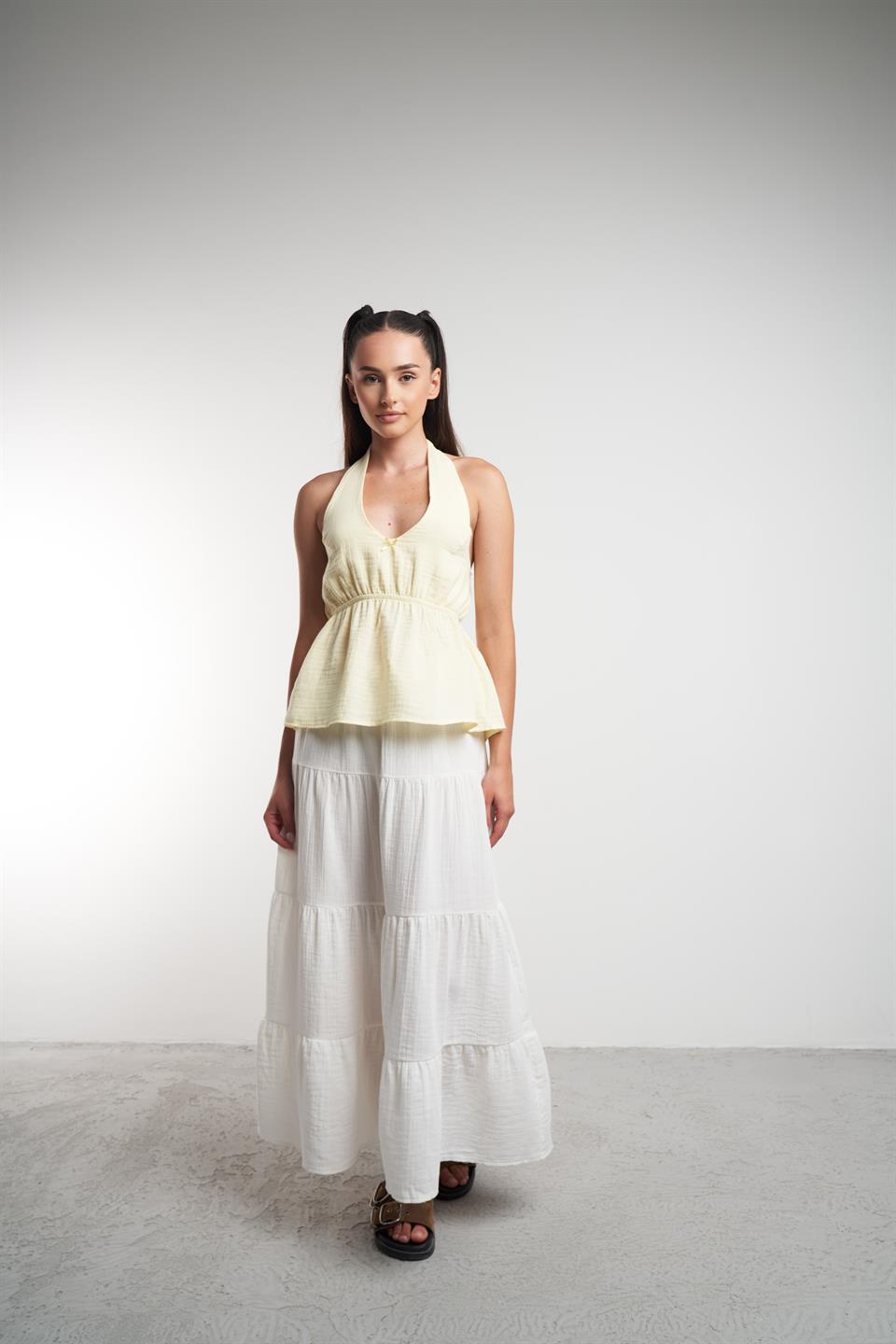 Boyun Askılı Müslin Sıfır Kol Bluz Sarı