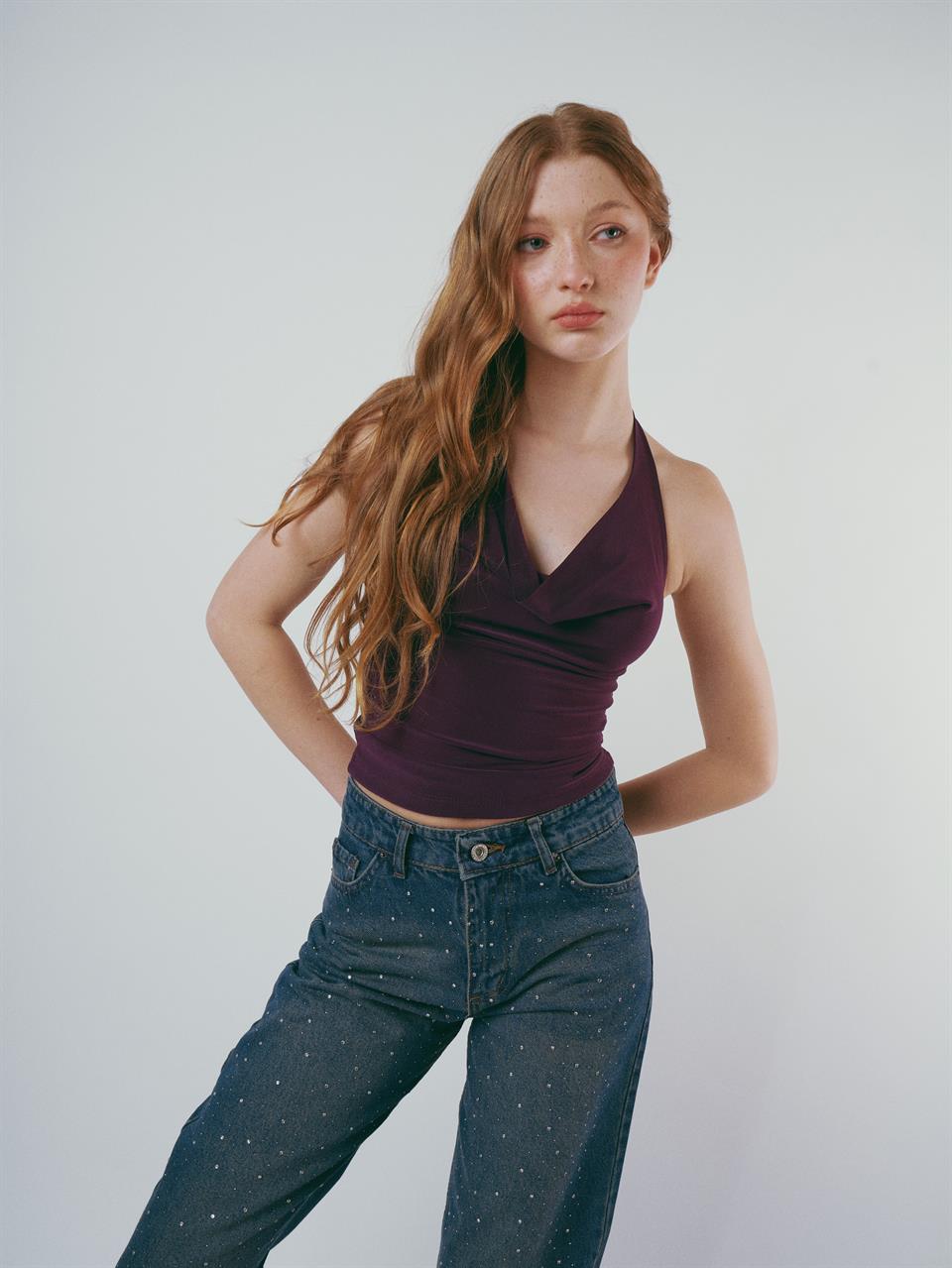 Boyun Askılı Sandy Bluz Mor