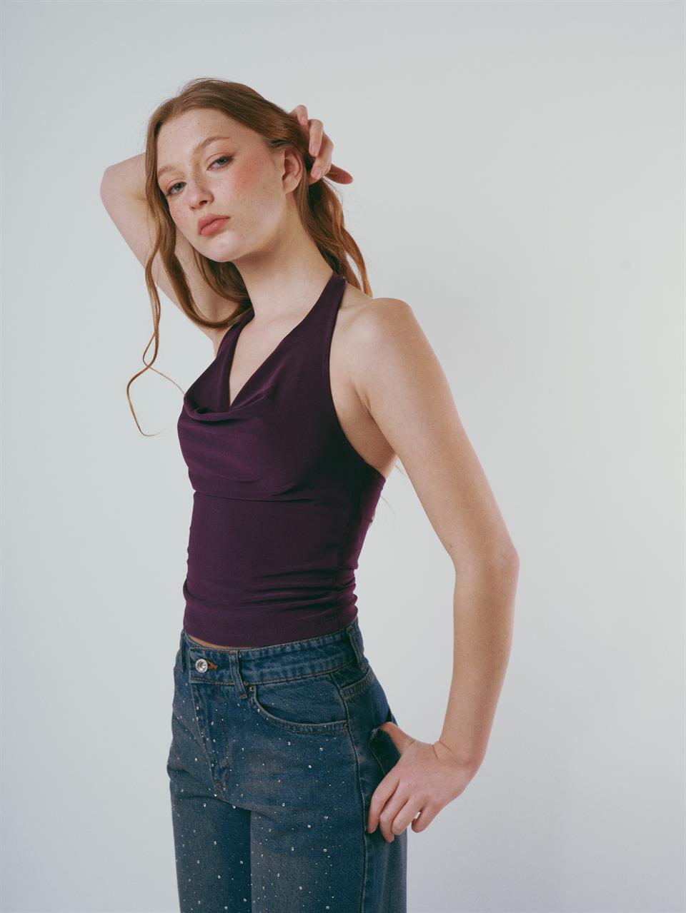 Boyun Askılı Sandy Bluz Mor