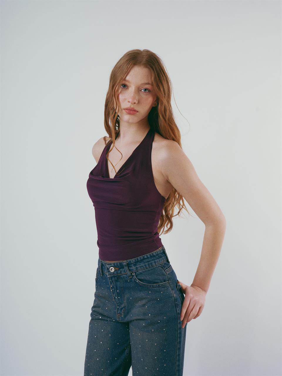 Boyun Askılı Sandy Bluz Mor