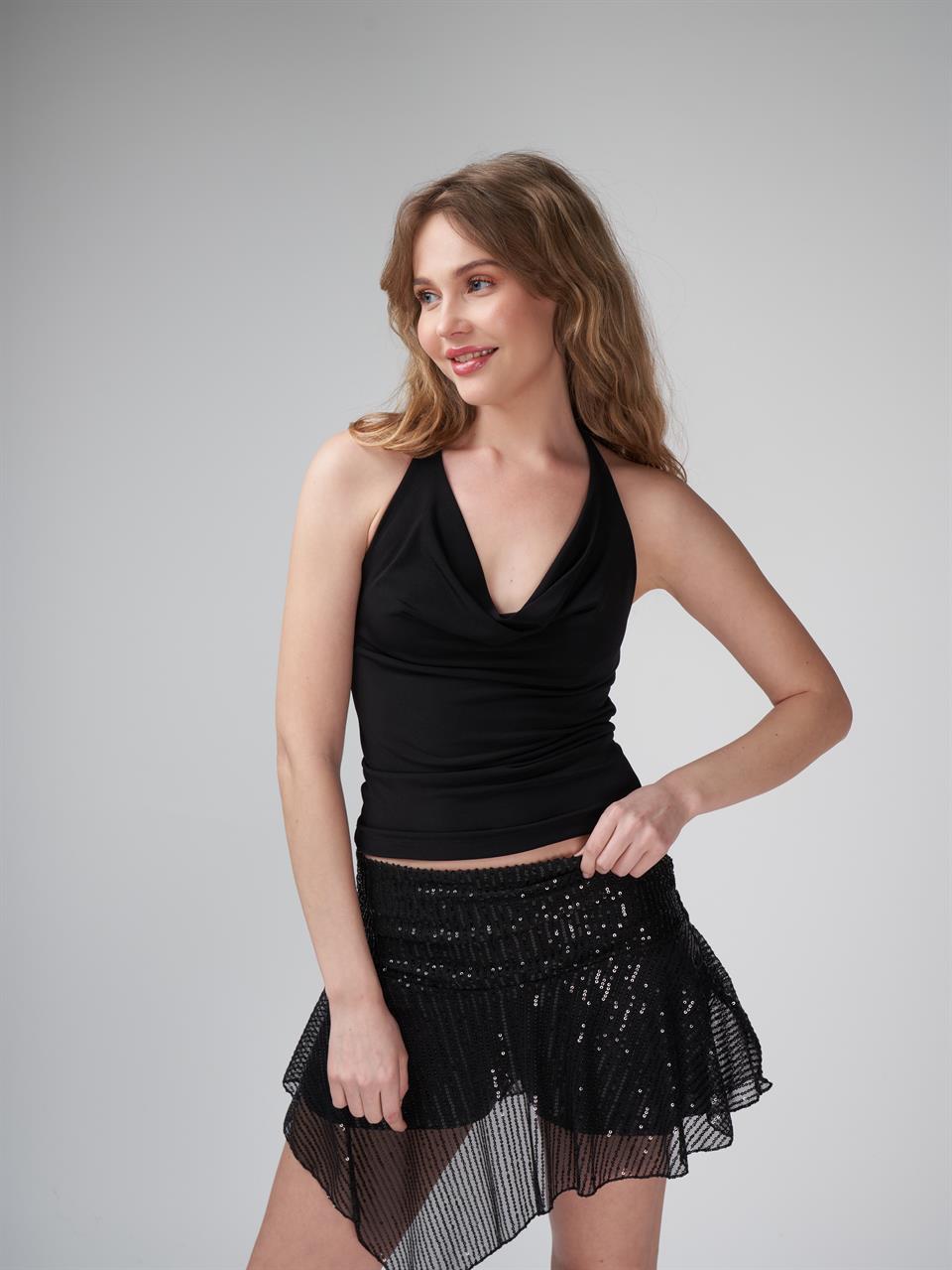 Boyun Askılı Sandy Bluz Siyah