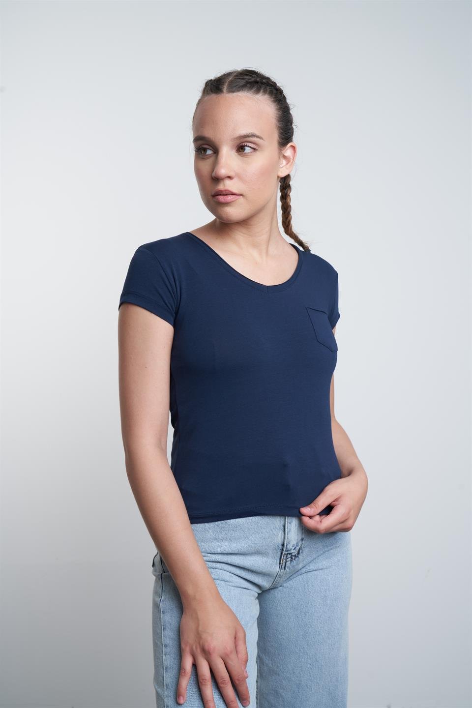 Cep Detaylı Basic T-shirt Lacivert