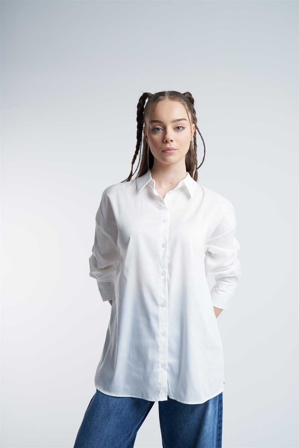 Cepsiz Poplin Uzun Kol Gömlek Ekru