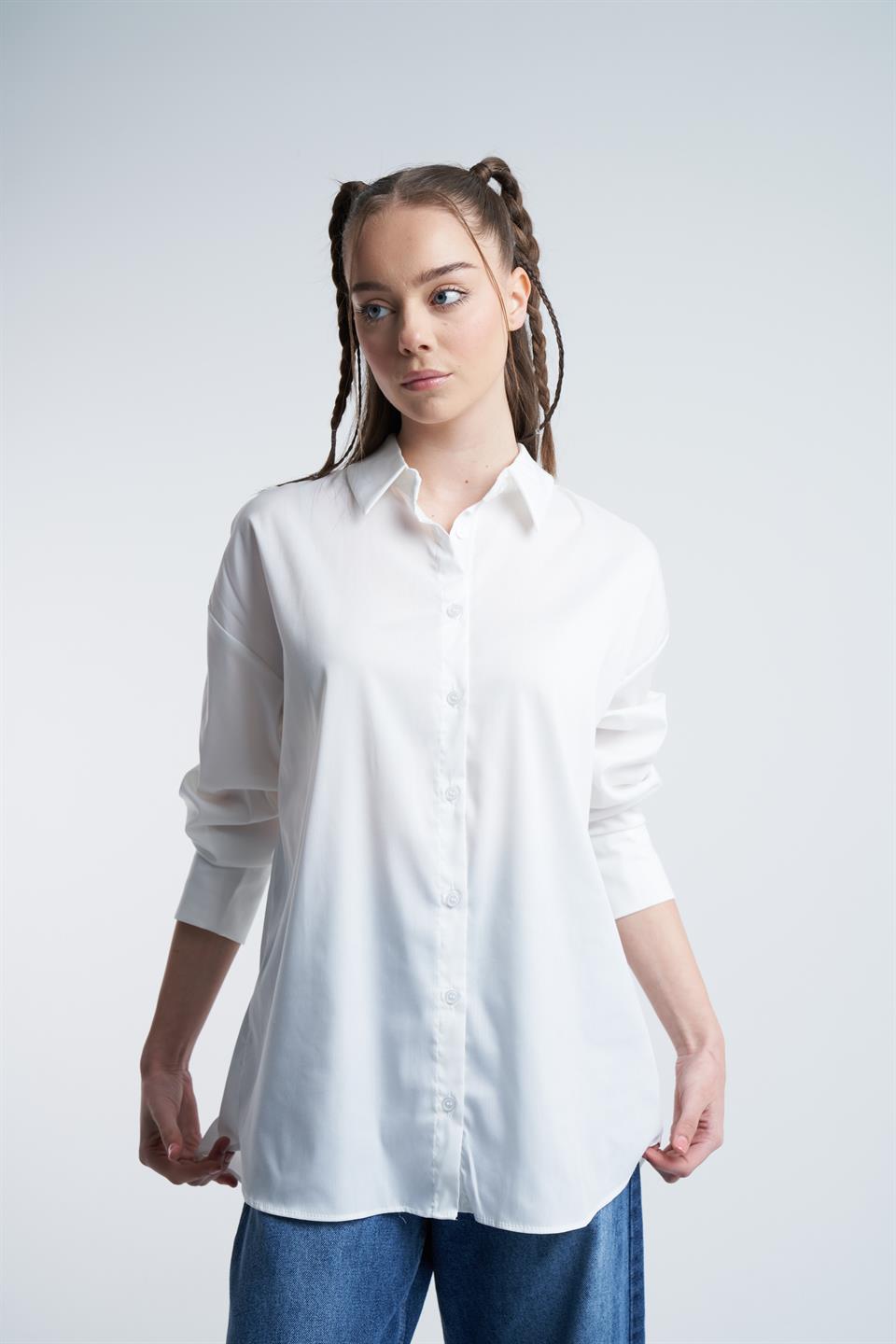 Cepsiz Poplin Uzun Kol Gömlek Ekru