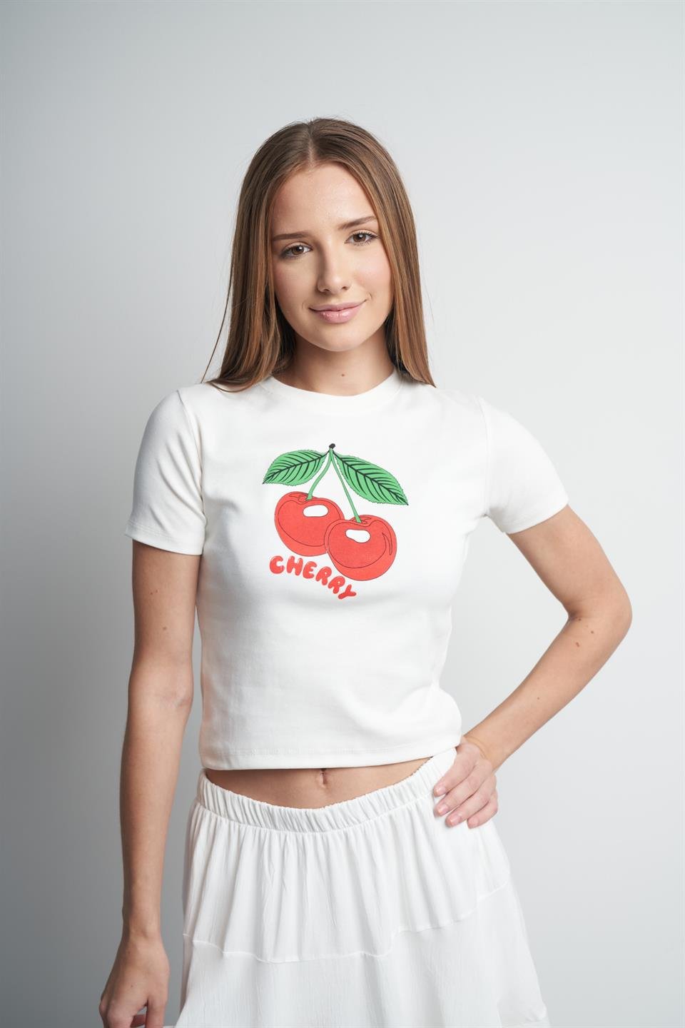 Cherry Baskılı Kısa Kol Bluz Ekru