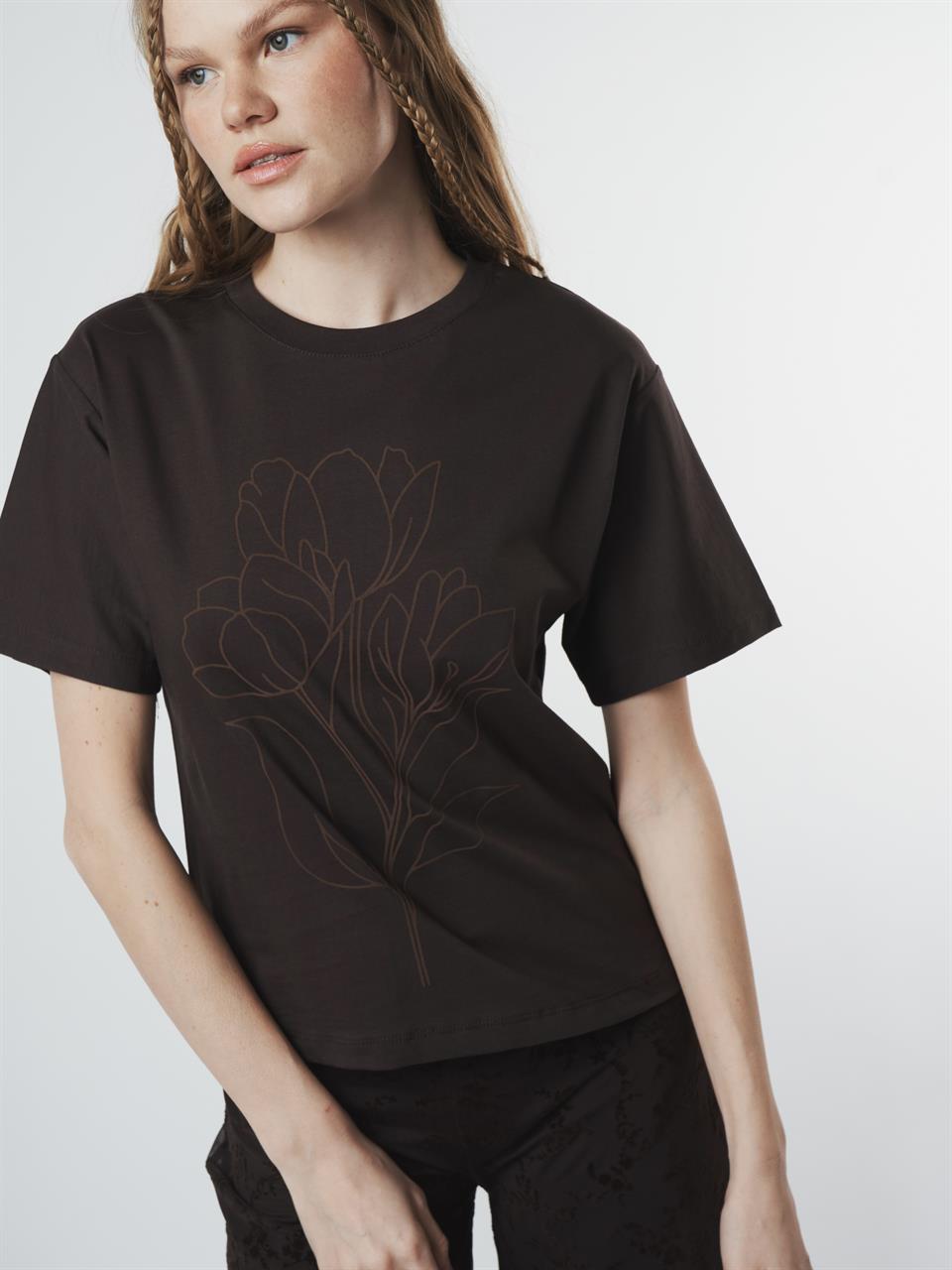 Baskılı Kısa Kol T-shirt Kahve