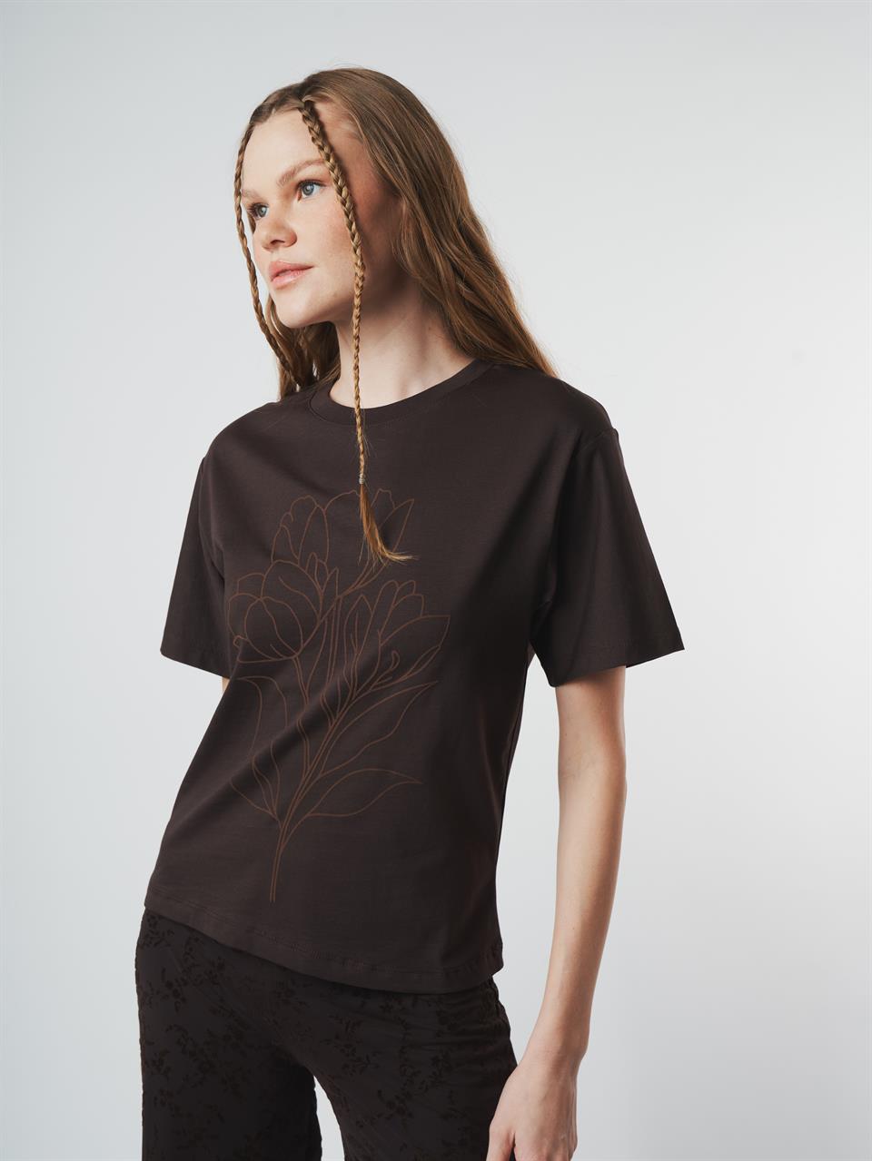 Baskılı Kısa Kol T-shirt Kahve