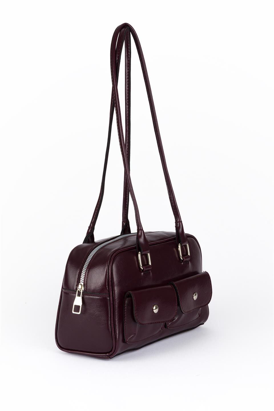 Çift Cepli Retro Baget Çanta P.Mor