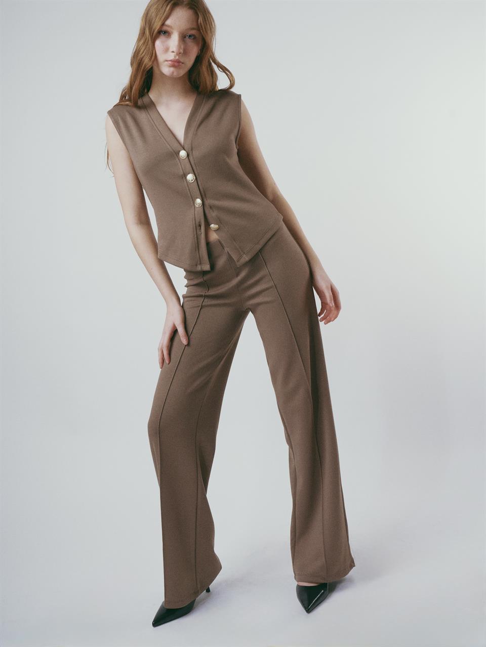 Çimalı Bol Paça Pantolon Vizon