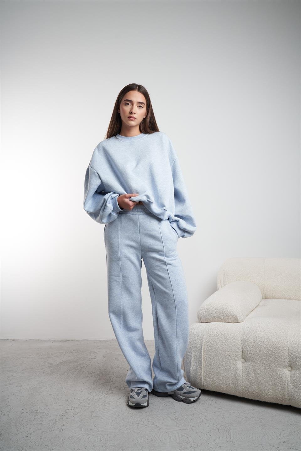 Çimalı Bol Paça Şardonlu Pantolon Mavimelanj