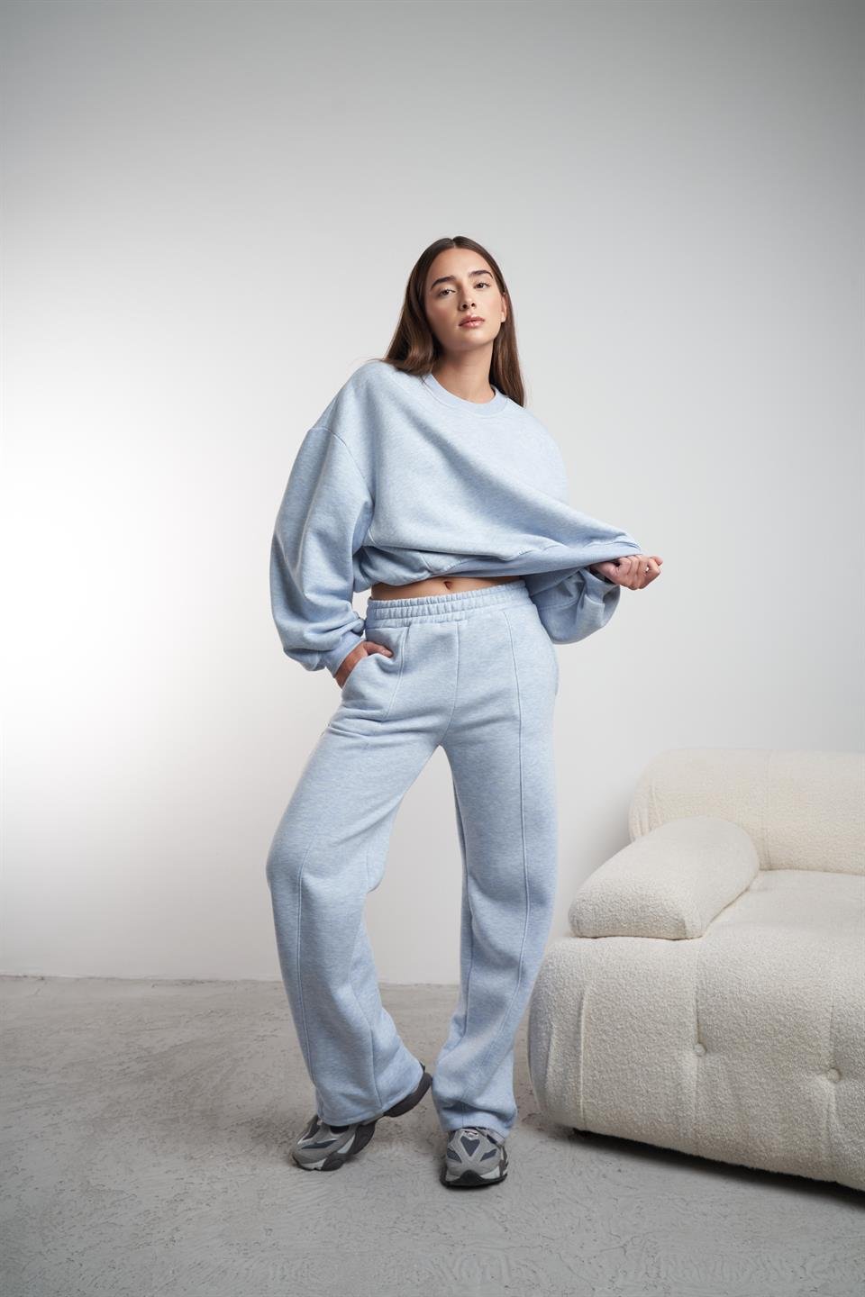 Çimalı Bol Paça Şardonlu Pantolon Mavimelanj