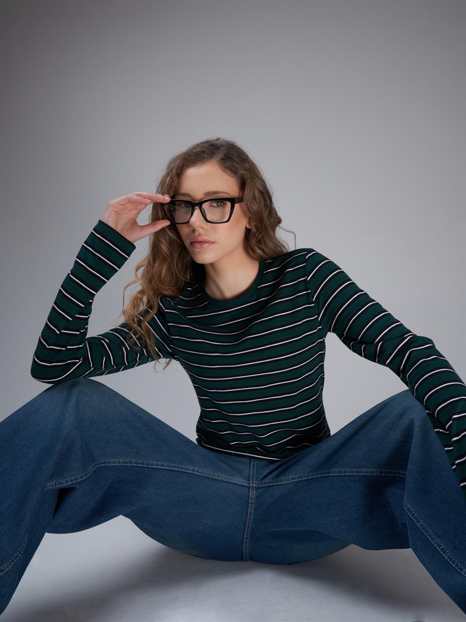 Çizgi Desenli Crop Uzun Kol Bluz Koyu Yeşil-Siyah