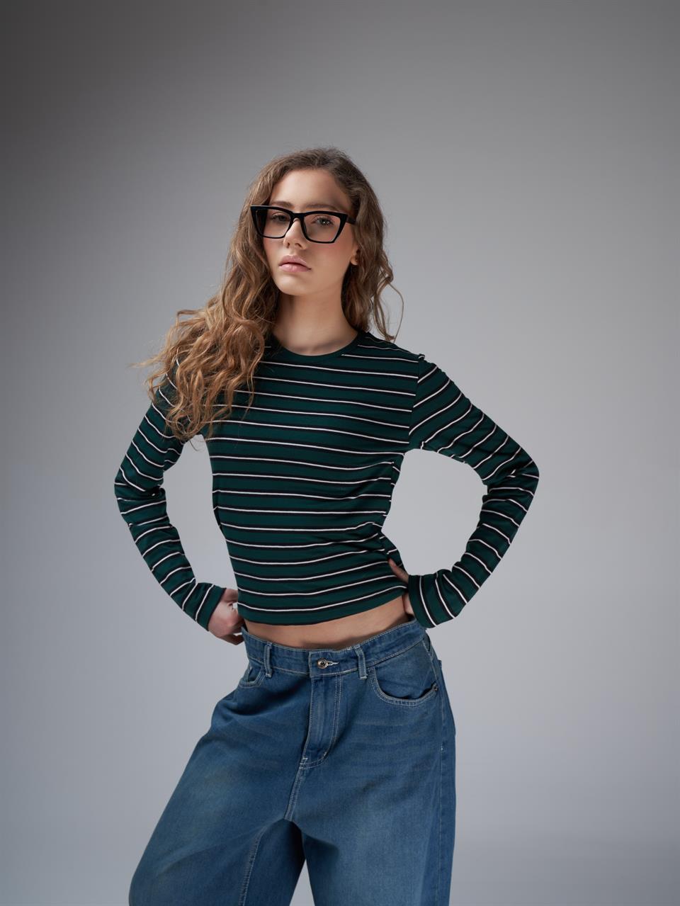 Çizgi Desenli Crop Uzun Kol Bluz Koyu Yeşil-Siyah