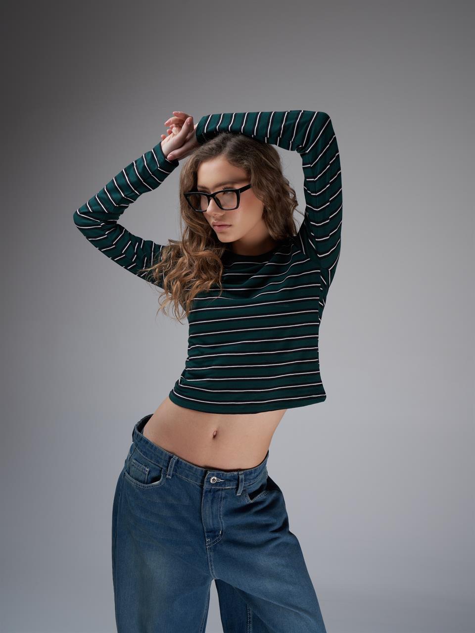 Çizgi Desenli Crop Uzun Kol Bluz Koyu Yeşil-Siyah