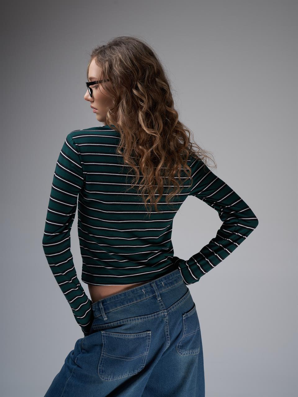 Çizgi Desenli Crop Uzun Kol Bluz Koyu Yeşil-Siyah