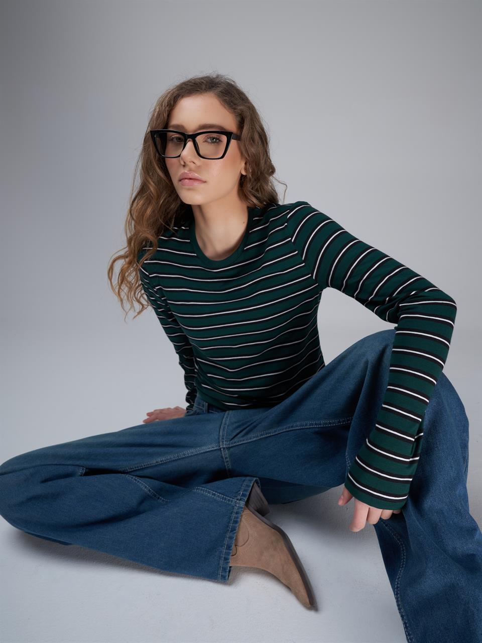 Çizgi Desenli Crop Uzun Kol Bluz Koyu Yeşil-Siyah