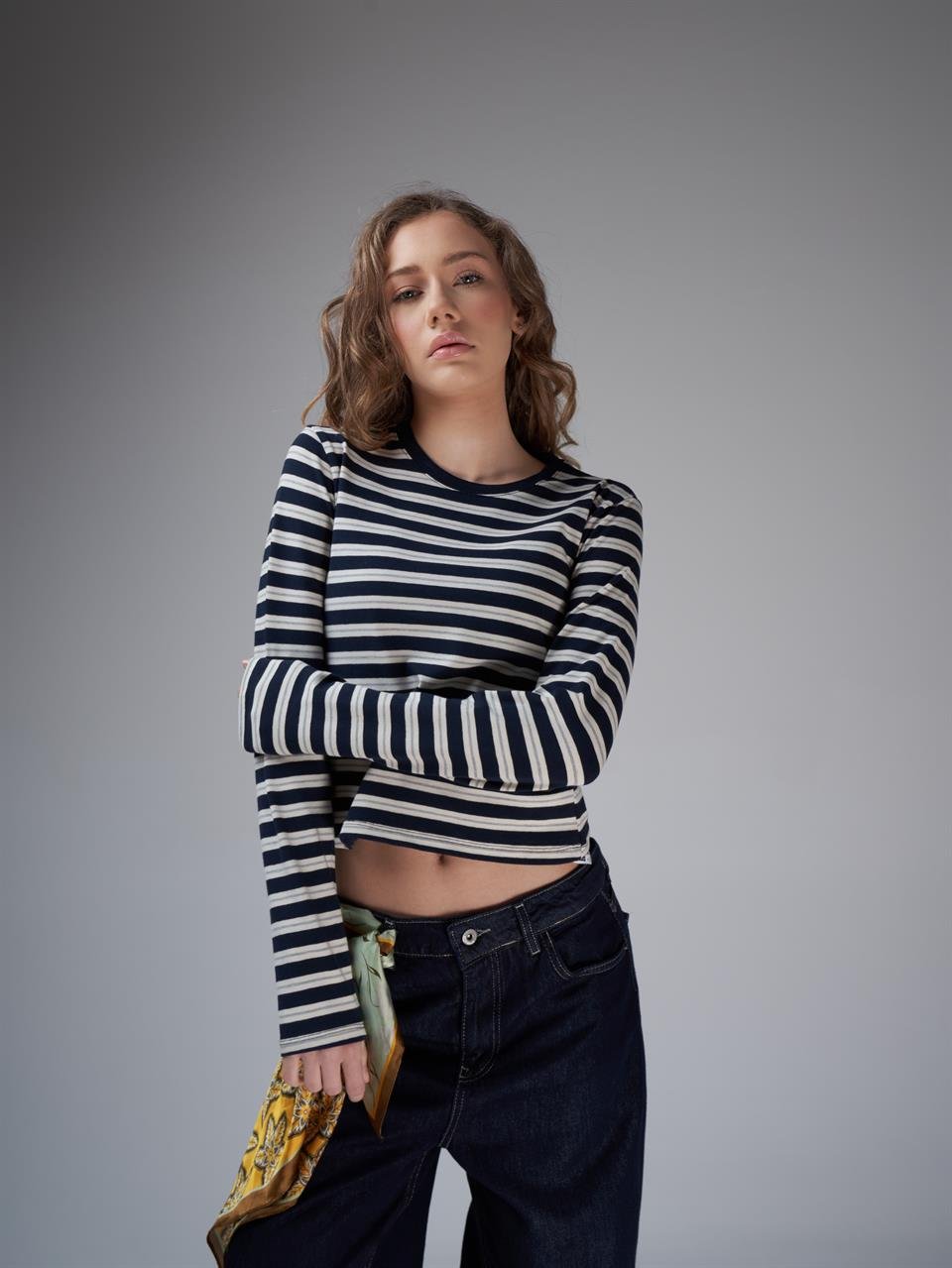 Çizgi Desenli Crop Uzun Kol Bluz Koyu Lacivert-Krem