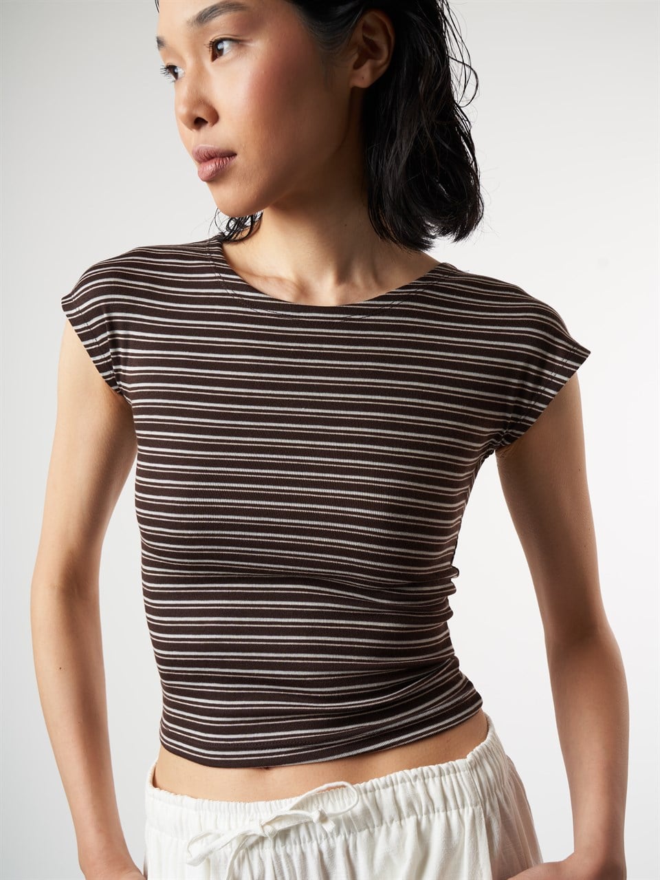 Çizgili Ay Kol Bluz Kahve-Ekru