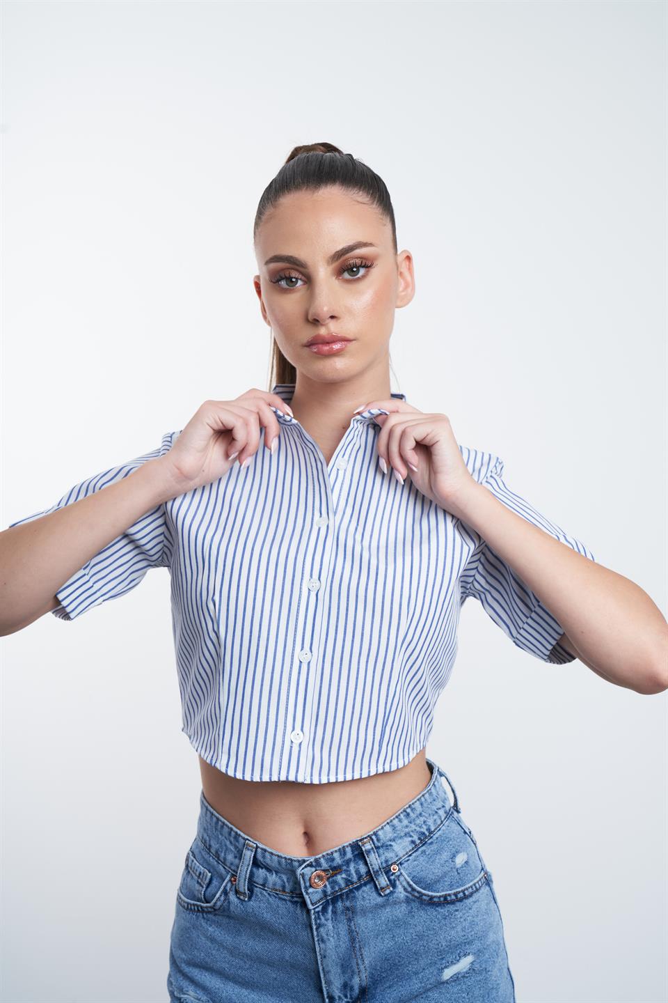 Çizgili Crop Gömlek Beyaz-Lacivert