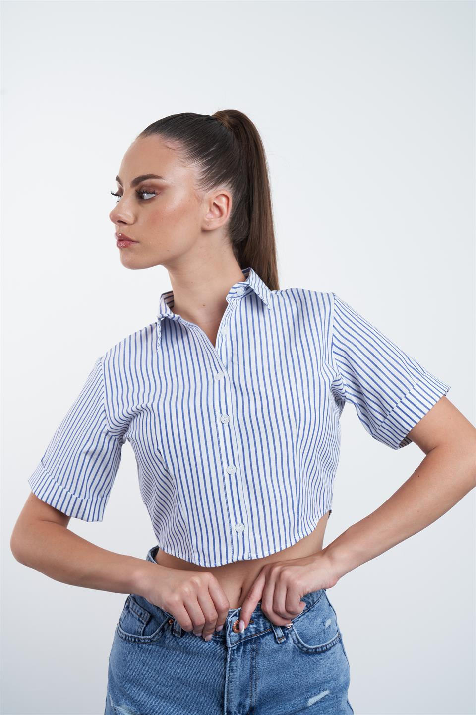 Çizgili Crop Gömlek Beyaz-Lacivert