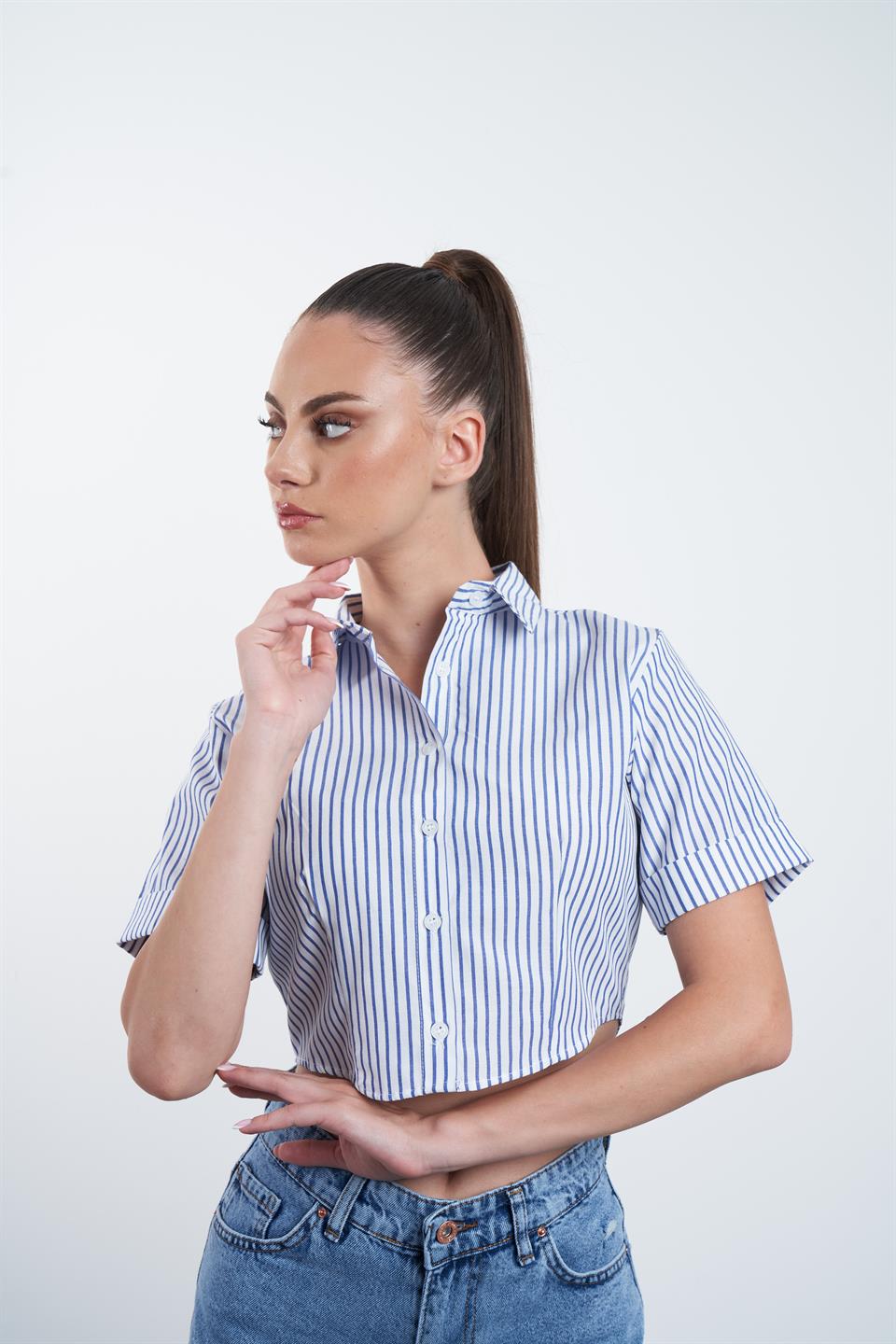 Çizgili Crop Gömlek Beyaz-Lacivert