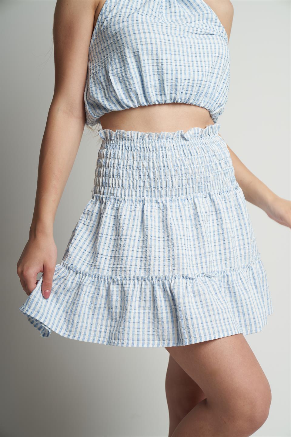 Çizgili Gofre Kısa Etek Mavi