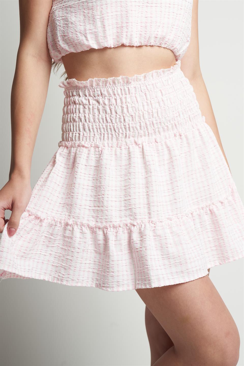 Çizgili Gofre Kısa Etek Toz Pembe