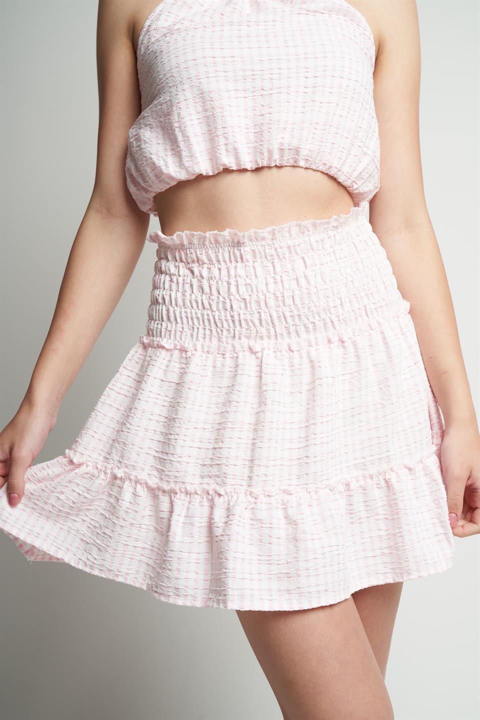Çizgili Gofre Kısa Etek Toz Pembe