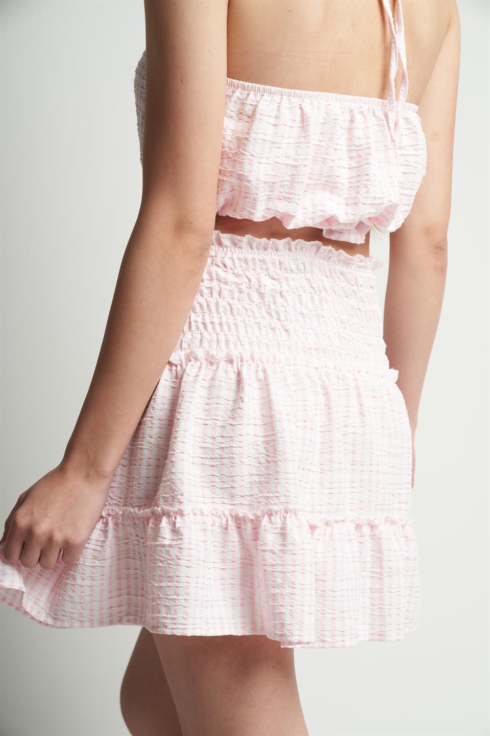Çizgili Gofre Kısa Etek Toz Pembe